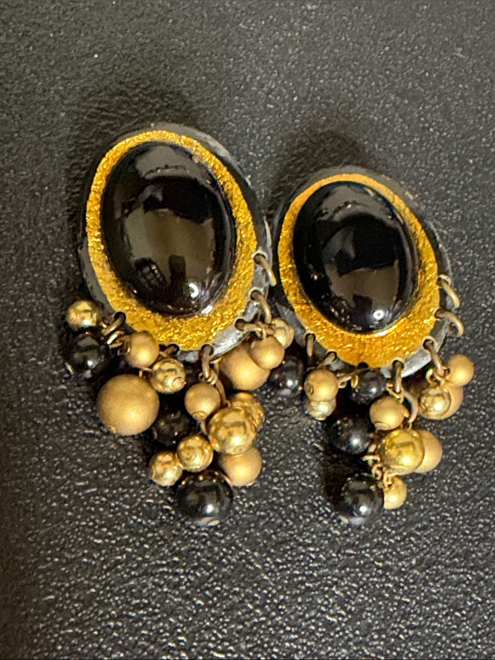 Vintage Ikarami Signed Artisan Glass Gold Black Dangle Statement Earrings